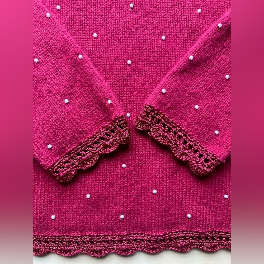 Vintage Angora-Silk Blend Burgundy Sweater with Embroidery and Pearls